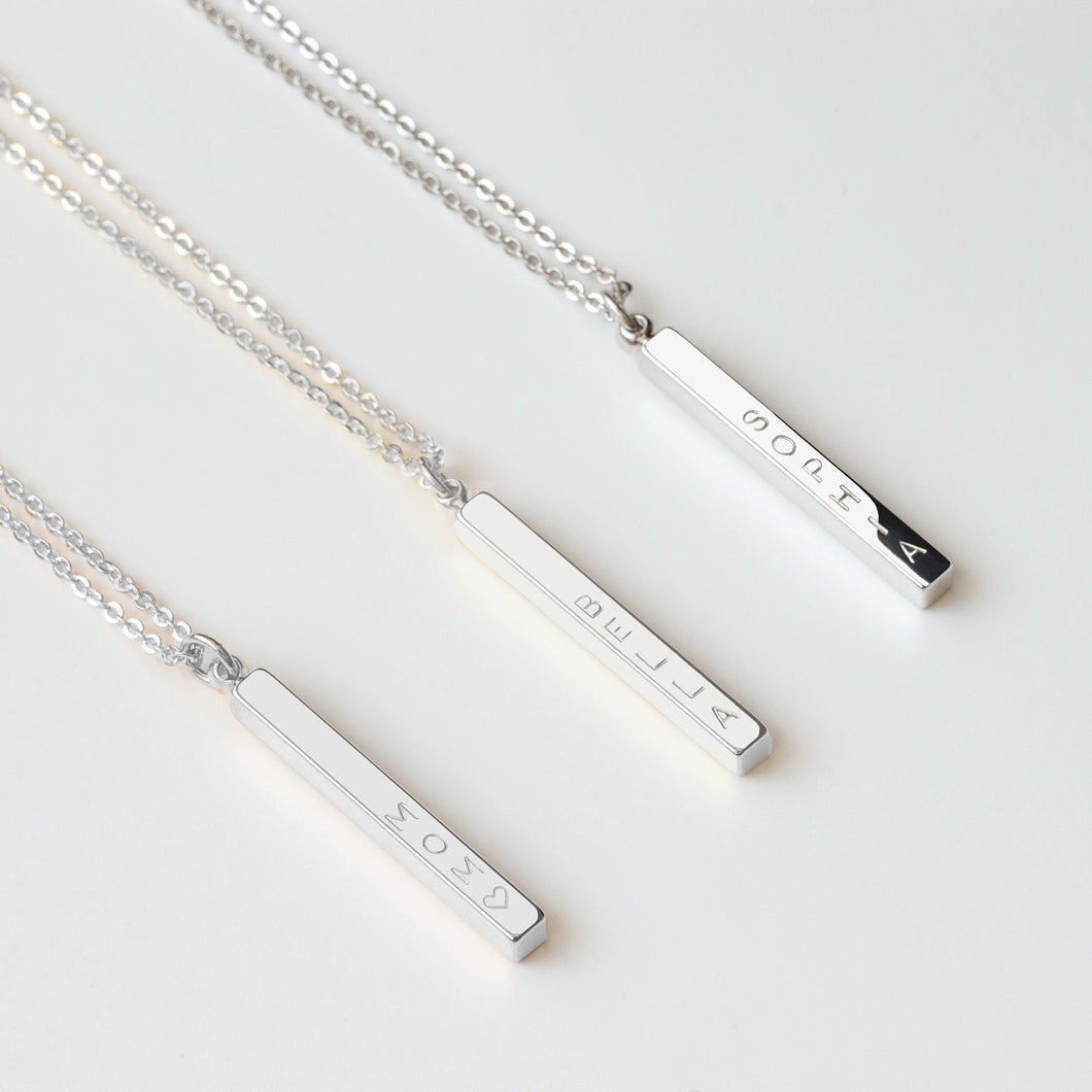 Sterling Silver Vertical 3D Bar Necklace, Silver 4 Sided Bar Necklace
